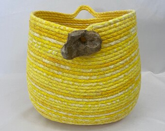 Yellow Coiled Rope Basket, Fabric Basket, Storage, Hanging Basket, Handcrafted,Organizer