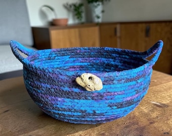 Coiled Rope Basket, Handmade Blue Fabric Bowl, Kitchen or Entryway Organizer