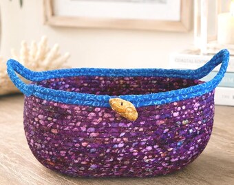 Coiled Rope Basket, Handmade Purple Fabric Bowl, Coffee Pod Holder, Entryway Catchall