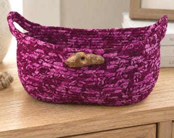 Handmade Coiled Rope Cotton Basket, Magenta Fabric Catchall, Colorful Kitchen Basket