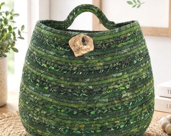 Large Green Coiled Rope Basket – Handmade Fabric Wall Organizer, Entryway Catchall
