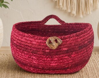 Handmade Coiled Rope Basket, Red Fabric Bowl, Boho Wall Organizer
