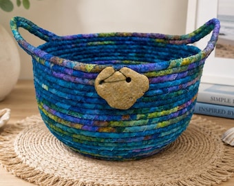 Fabric Rope Basket with Natural River Stone Accent, Dark Turquoise Organizer