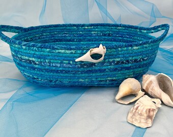 Blue Oval Basket, Coiled Rope Basket, Beach Vibe, Ocean Theme, Handmade, Seashell
