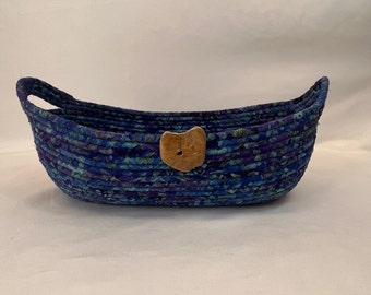 Blue and Purple Coiled Rope Basket, Fabric Bowl, Basket With Handles, Handcrafted, Mother's Day Gift