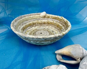 White Coiled Rope Basket, Beach Theme, Handmade, Seashell, Ocean Vibe, Fabric Bowl