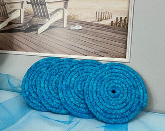 Fabric Coasters, Coiled Rope Mug Rugs, Set of Four, Handmade, Blue Coasters, Display Mat