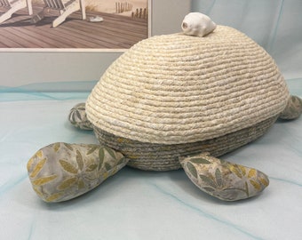 Cream and Green Sea Turtle Basket, Coiled Rope Basket, Beach Theme, Ocean Vibe, Handcrafted, Mother's Day Gift