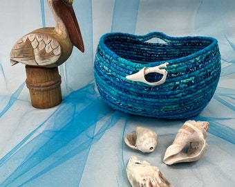 Blue Coiled Rope Basket, Fabric Bowl, Beach Decor, Ocean Vibe, Seashell, Handcrafted, Storage, Hanging Basket