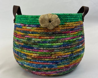 Large Tie-Dye Coiled Rope Basket, Fabric Basket, Boho, Handcrafted, Storage, Basket with Handles