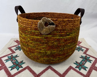 Golden Basket, Large, Coiled Rope Basket, Coiled Fabric, Storage, Handcrafted