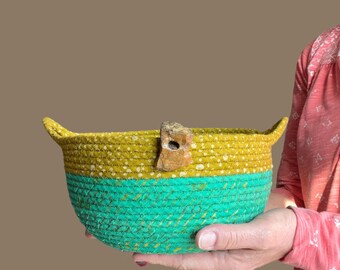 Medium Coiled Rope Basket – Handmade Fabric Storage Basket with Natural River Stone