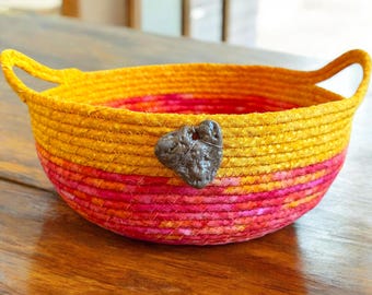 Coiled Rope Basket with Handles, Handmade Fabric Bowl, Yellow, Pink, Orange Catchall Organizer