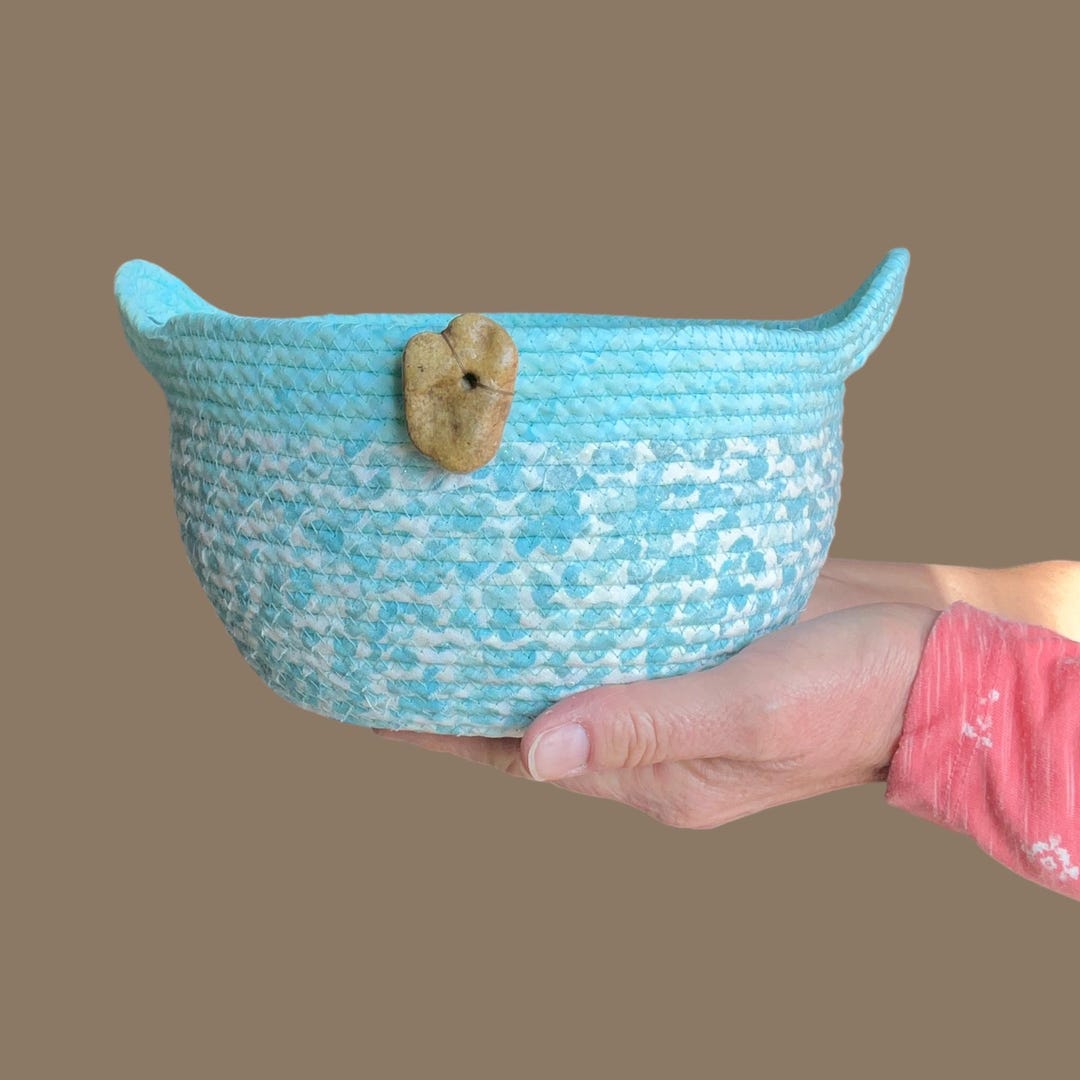 Handmade Coiled Rope Basket, Blue Fabric Kitchen Basket, Entryway Catch ...
