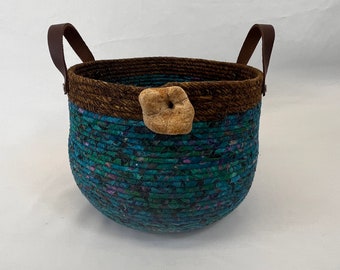 Large Blue Basket, Coiled Rope Basket, Tote Bag, Handcrafted, Gift for Her, Basket with Handles