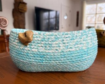 Handmade Blue Coiled Rope Basket, Fabric Rope Bowl, Bathroom Organizer, Coffee Pod Holder