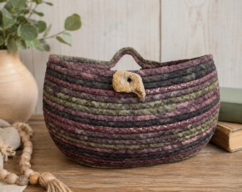 Coiled Rope Basket, Handmade Wall Basket, Brown Fabric Bowl