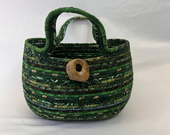 Large Green Basket, Coiled Rope Basket, Tote Bag, Handcrafted, Gift for Her, Basket with Handles