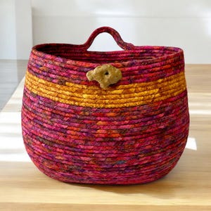 Handmade Hanging Rope Basket with Natural Stone Accent, Colorful Fabric Catch-All Wall or Tabletop Organizer, Boho Bathroom Organizer