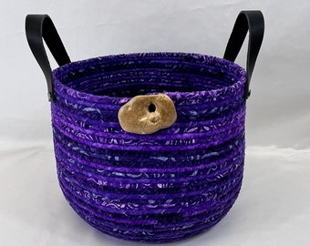 Large Purple Coiled Rope Basket, Fabric Basket, Handcrafted, Basket with Handles, Gift for Her