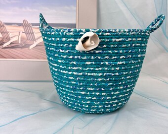 Large Teal Coiled Rope Basket, Fabric Basket, Handcrafted, Beach Theme, Ocean Vibe, Tropical Decor