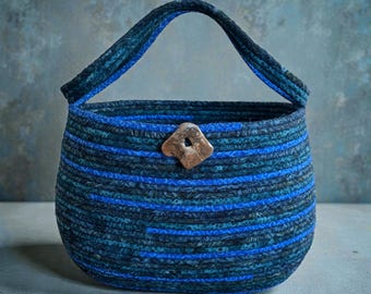 Coiled Rope Basket with Handles, Blue Handmade Fabric Tote Organizer