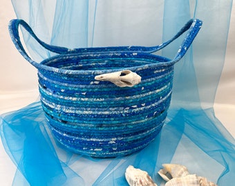 Large Blue Basket, Coiled Rope Basket, Fabric, Ocean Vibe, Beach Vibe, Handmade