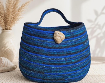 Large Blue Coiled Rope Basket – Handmade Fabric Wall Organizer, Entryway Catchall