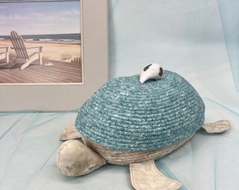 Blue Turtle Basket, Coiled Rope Basket, Beach Theme, Ocean Vibe, Handcrafted, Mother's Day Gift