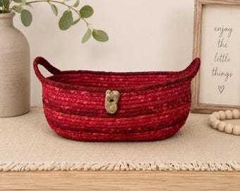 Handmade Coiled Rope Basket, Red Fabric Bowl, Kitchen Catchall