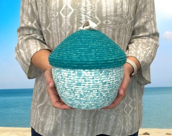 Coiled Rope Basket with Lid– Handmade Fabric Storage, Beachy Colors with Natural Seashell