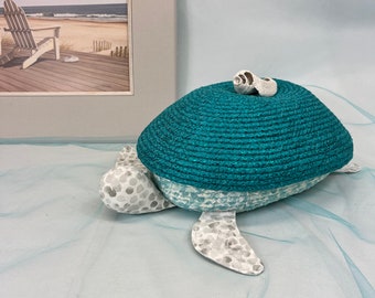 Teal Turtle Basket, Coiled Rope Basket, Beach Theme, Ocean Vibe, Handcrafted, Mother's Day Gift