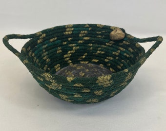 Small green basket, coiled basket, rope bowl, handmade, gift basket