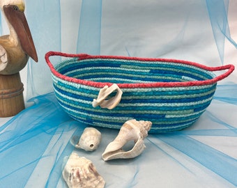 Blue Coiled Rope Basket, Coiled Fabric Bowl, Beach Vibe, Ocean Theme, Handcrafted, Seashell