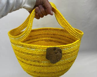 Large Yellow Coiled Rope Basket, Fabric Basket, Handcrafted, Storage, Housewarming Gift