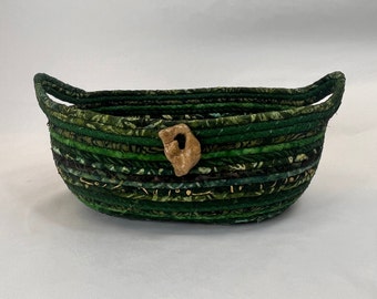 Green Coiled Rope Basket, Fabric Bowl, Handcrafted, Storage Basket, Mother's Day Gift,