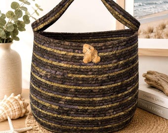 Large Coiled Fabric Rope Basket with Handles, Brown Tote, Wall Decor, Market Organizer