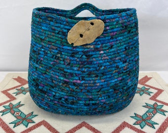 Blue Basket, Coiled Rope Basket, Fabric, Hanging, Handcrafted, Storage