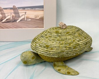 Green Turtle Basket, Coiled Rope Basket, Beach Theme, Ocean Vibe, Handcrafted, Mother's Day Gift