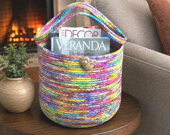 Large Coiled Rope Basket with Handles, Stylish Handmade Market Tote, Magazine holder