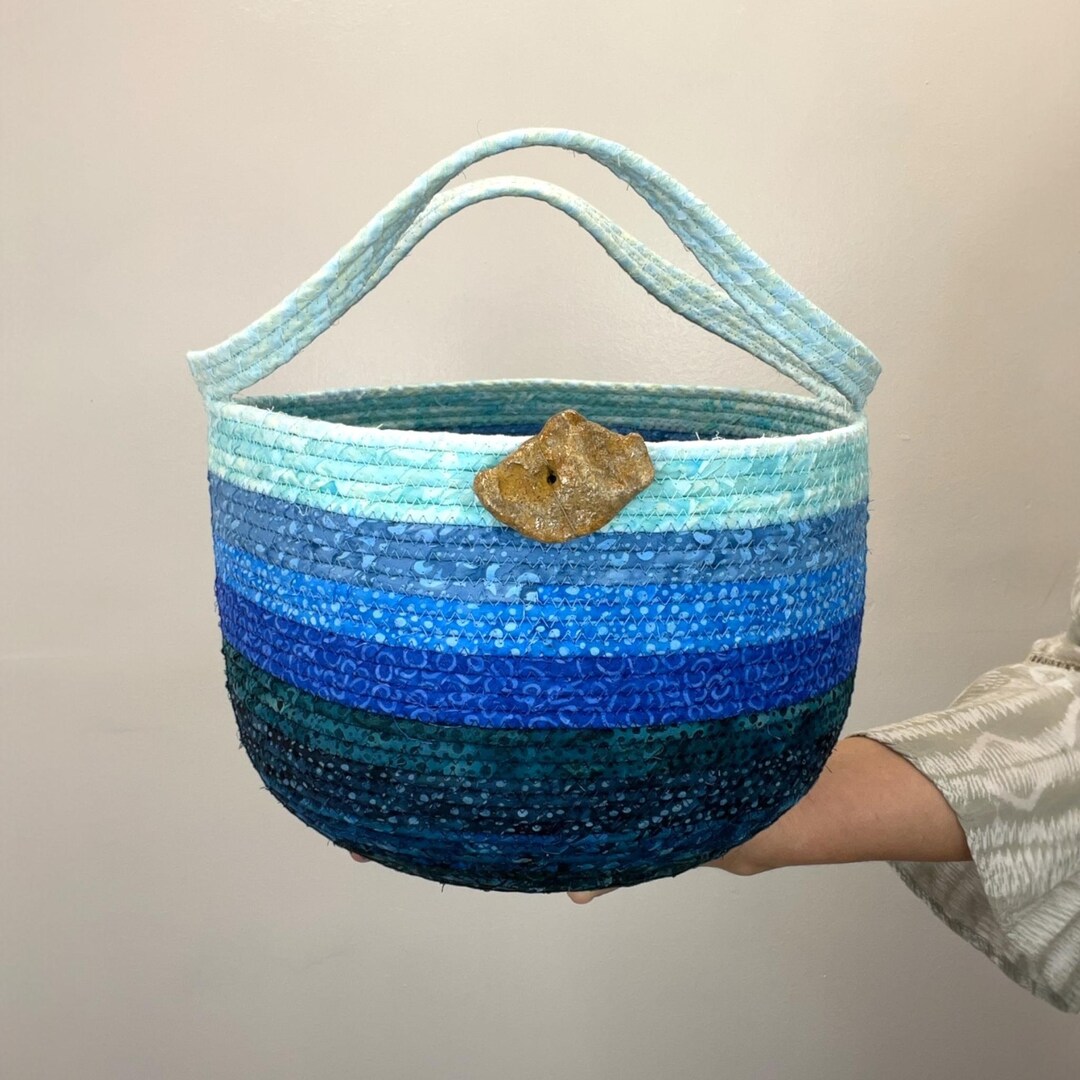 Large Blue Ombre Round Coiled Rope Basket With Handles, Magazine Holder ...