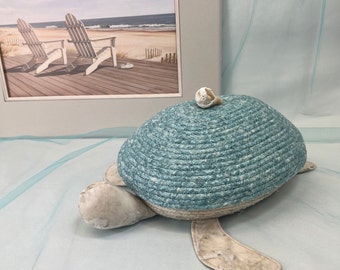 Blue and Tan Sea Turtle Basket, Coiled Rope Basket, Beach Theme, Ocean Vibe, Handcrafted, Mother's Day Gift