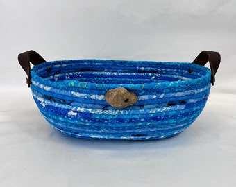 Blue Coiled Rope Basket, Fabric Bowl, Beach Decor, Ocean Vibe, Handcrafted, Housewarming Gift