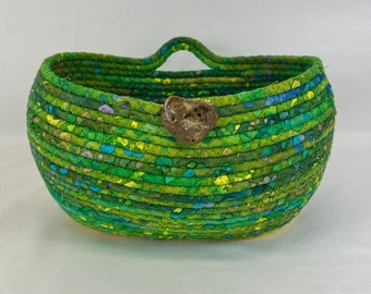 Green Coiled Rope Basket, Coiled Fabric Basket, Rope Bowl, Handcrafted, Hanging Basket, Housewarming Gift