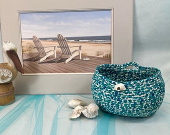 Teal Coiled Rope Basket, Fabric Basket, Ocean Vibe, Beach Theme, Hanging, Storage, Handcrafted