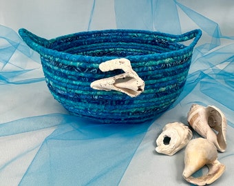 Blue Coiled Rope Basket, Fabric Bowl, Beach Vibe, Ocean Theme, Handcrafted, Seashell