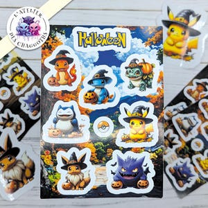 Planche Stickers Halloween Pokemon brillant - Citrouille Halloween - Décoration autocollante - Gommettes Pokemon Pikachu Evoli - Déco