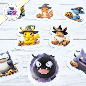 Grands Stickers Halloween Pokemon brillant - Citrouille Halloween - Décoration autocollante - Gommettes Pokemon Pikachu Evoli - Déco Voiture