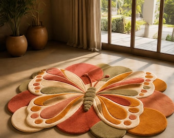 Tapis papillon en laine tuftée, tapis de sol rose à fleurs