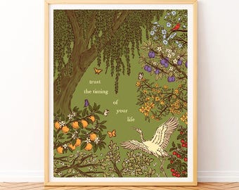 Botanical Crane Illustration | Vintage Inspired Cottagecore Art Print (Digital Download)